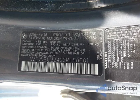 2002 BMW 325Xi из США, поврежденный, VIN WBAEU33422PF58081